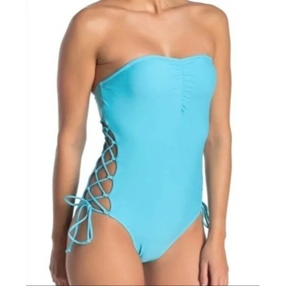 NEW RACHEL ROY Women's Aqua Stretch Side Lace-Up Sweetheart Moderate Coverage On - Picture 2 of 10